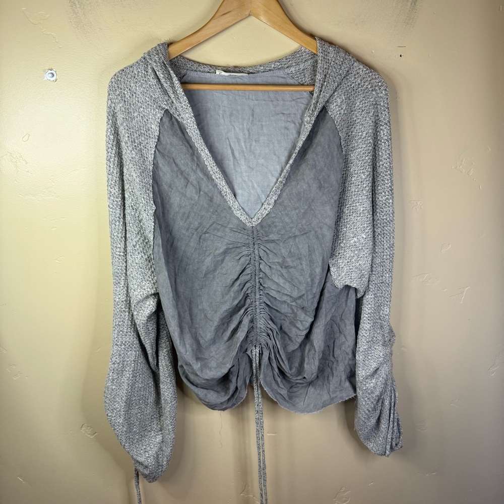 Hummingbird Womens Large Boho Distressed Relaxed Hooded‎ Gray Lightweight Top